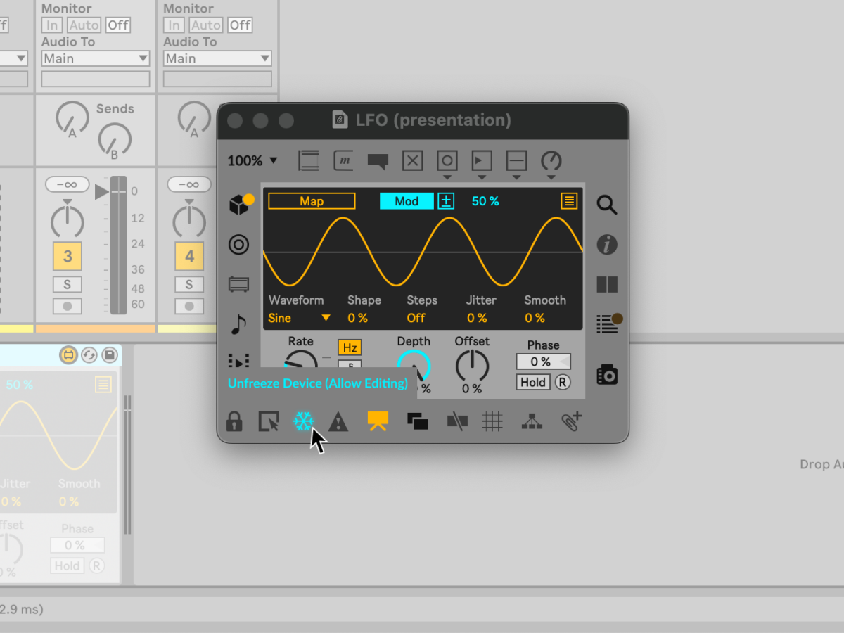 LFO device in Max over top an Ableton Live session, showing the Presentation view. The Freeze button (set to unfreeze to allow editing).