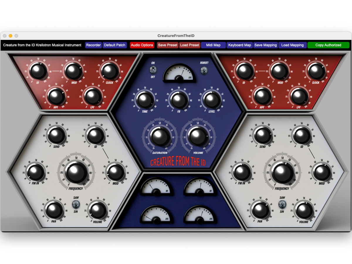 User interface for Creature From the ID, featuring dials, VU meters, and a hexagonal organization with oscillators on the two sides and mixing and send controls at the center.