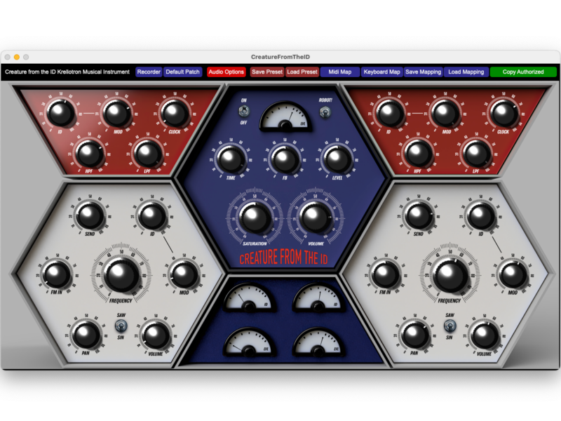User interface for Creature From the ID, featuring dials, VU meters, and a hexagonal organization with oscillators on the two sides and mixing and send controls at the center.
