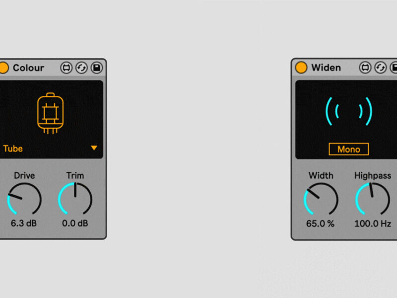 Colour and Widen Max for Live devices, with Colour showing a visualization of a tube.
