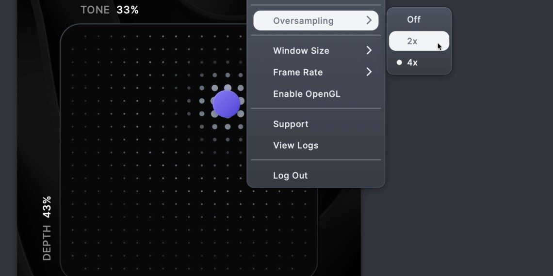 Squash plugin UI with X/Y grid, puck, depth on y axis, tone on x axis, and dry/wet control. Menu open, showing framerate / window size/ OpenGL options and oversampling off / 2x / 4x.
