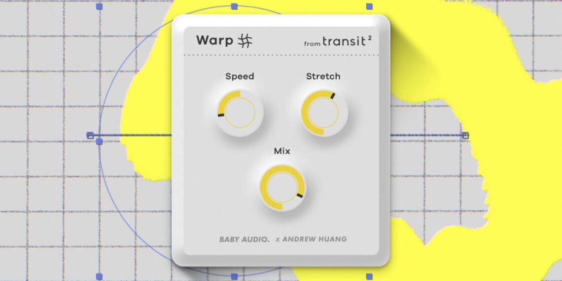 Warp plug-in image on a gray grid background with yellow paint splashes. Showing three knobs: Speed, Stretch, and Mix.
