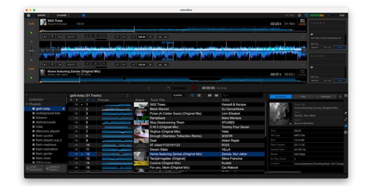 Rekordbox UI showing a bunch of the author's playlists, and playing tracks by Nour Jaber feat. Zanias and Kessell & Kerqus on Detroit Underground.