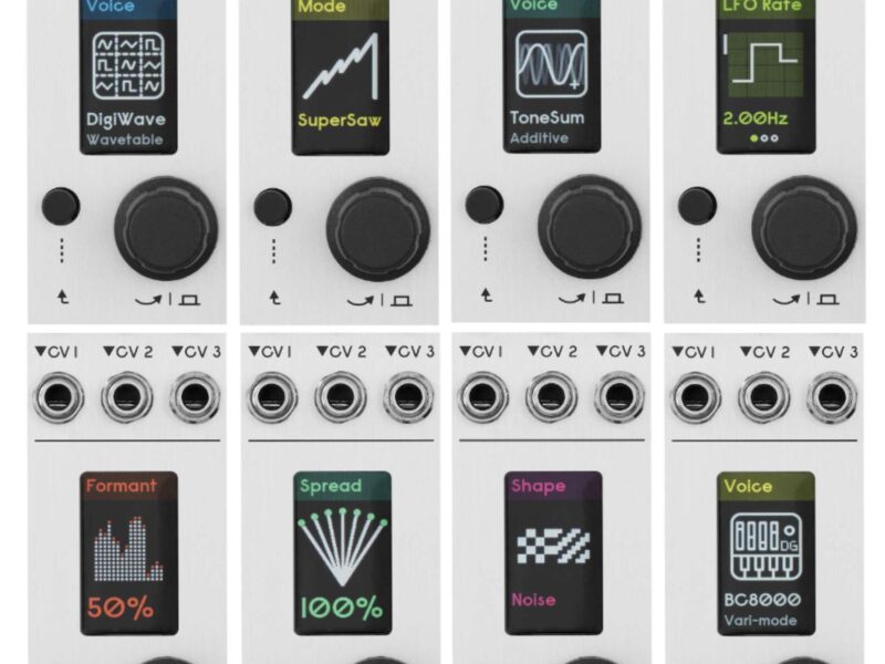 MCO mk2 module showing different modes on color display, with graphics - DigiWave, SuperSaw, ToneSum (Additive), LFO Rate, FOrmant, Spread, Shape (Noise), and Voice BC8000 (Vari-mode), panel with CV1, CV, CV3 inputs and push-button knob/navigation.