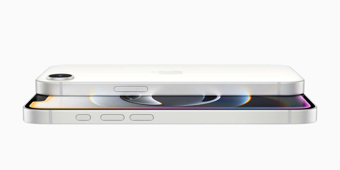 Two iPhones 16e shown on their side in white, floating in a white void. Image courtesy Apple.