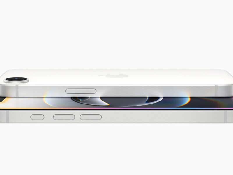 Two iPhones 16e shown on their side in white, floating in a white void. Image courtesy Apple.