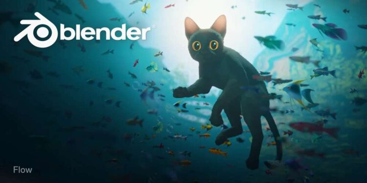 Cat from Flow with Blender logo, cat floating in the water and staring forward Splash artwork: Flow © Dream Well Studio, Sacrebleu Productions, Take Five Image licensed under CC-BY-SA – https://flow.movie/