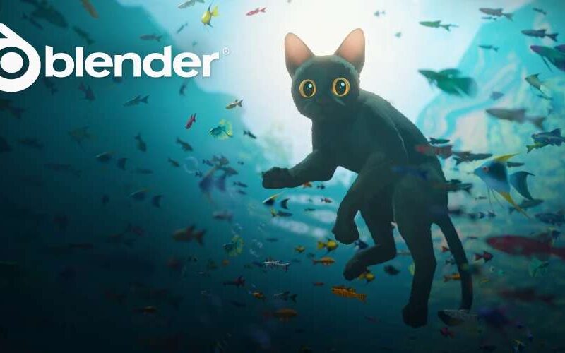 Cat from Flow with Blender logo, cat floating in the water and staring forward Splash artwork: Flow © Dream Well Studio, Sacrebleu Productions, Take Five Image licensed under CC-BY-SA – https://flow.movie/