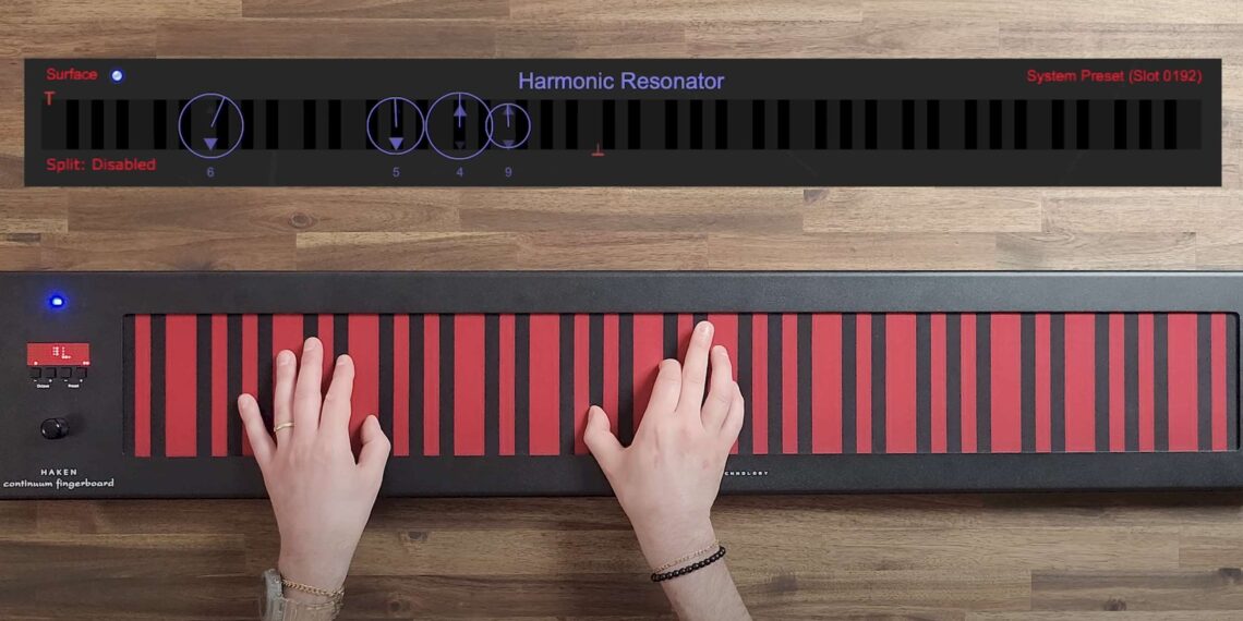Still from Haken Continuum video with hands on the red-and-black horizontal ribbon controller of the Continuum Fingerboard; visualization above with Harmonic Resonator, circles overlaid on keyboard showing multi-dimensional expression.