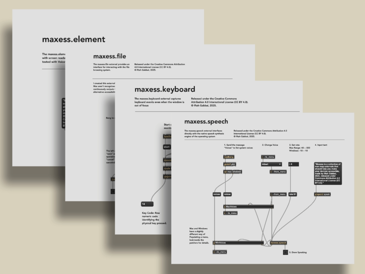 maxess screenshots overlaid on one another, showing help pages: maxess.element, maxess.file, maxess.keyboard, and maxess.speech running in Max with help commentary.