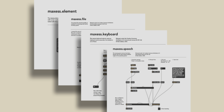 maxess screenshots overlaid on one another, showing help pages: maxess.element, maxess.file, maxess.keyboard, and maxess.speech running in Max with help commentary.