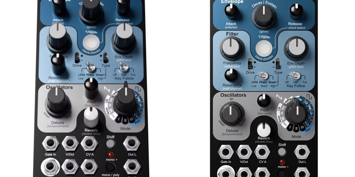 Knobula Monumatic module at angle and front-on view, with mode selectors for oscillator, filter controls, envelope controls, and CV and MIDI (MPE) inputs.