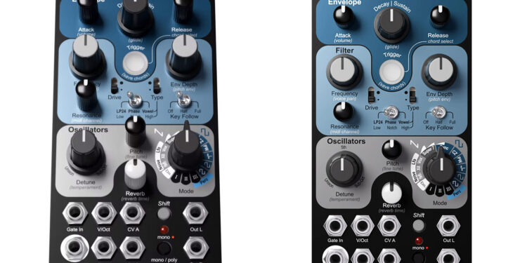 Knobula Monumatic module at angle and front-on view, with mode selectors for oscillator, filter controls, envelope controls, and CV and MIDI (MPE) inputs.