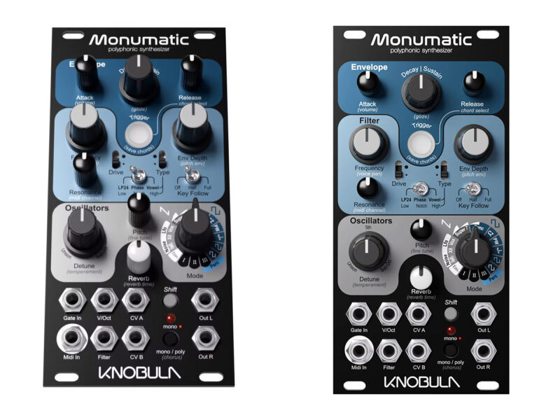 Knobula Monumatic module at angle and front-on view, with mode selectors for oscillator, filter controls, envelope controls, and CV and MIDI (MPE) inputs.