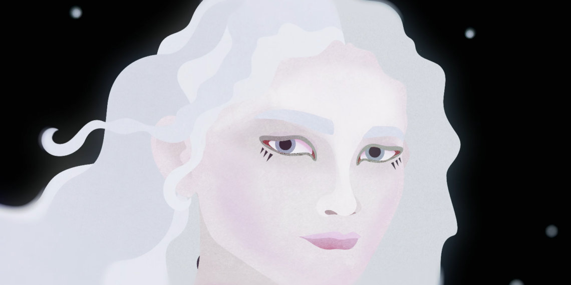 Artemis illustration, a ghostly white face with white flowing hair against a black starscape, as pictured by creative director Afroditi Bitzouni.