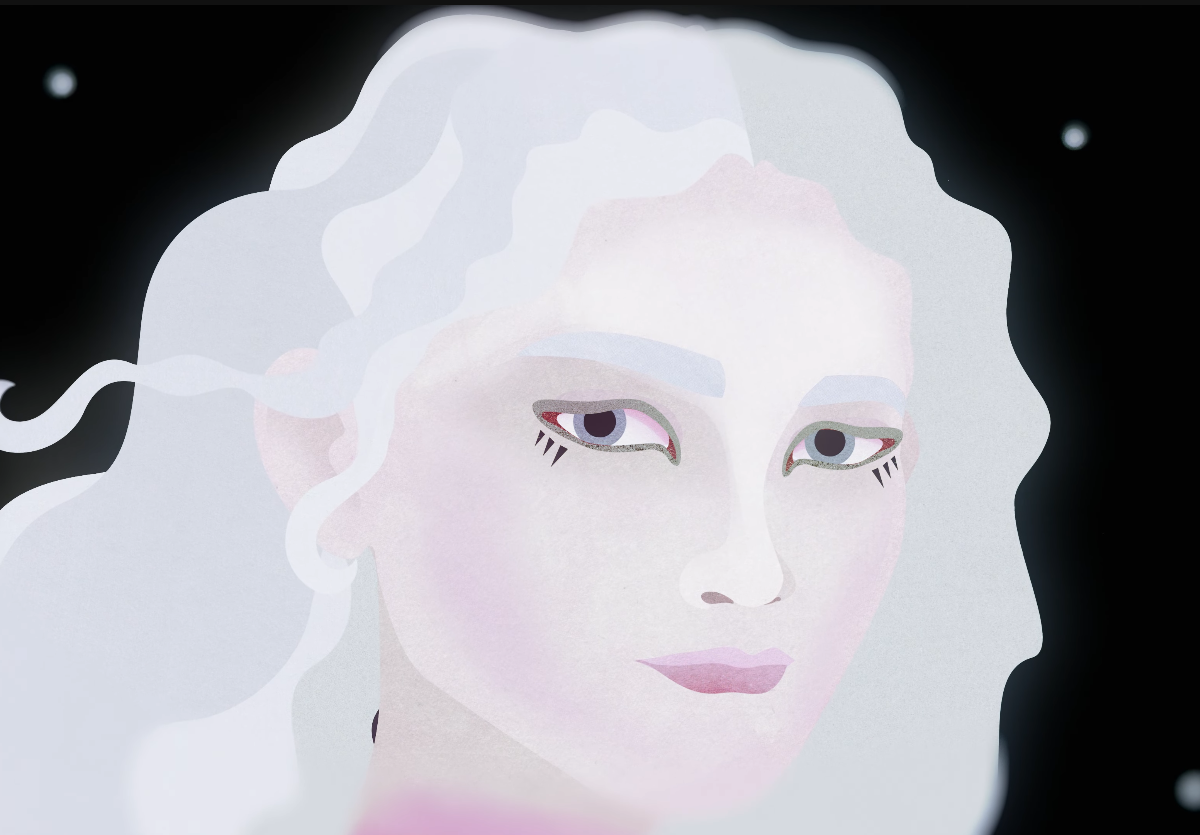 Artemis illustration, a ghostly white face with white flowing hair against a black starscape, as pictured by creative director Afroditi Bitzouni.