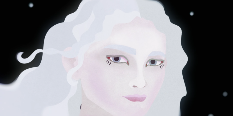 Artemis illustration, a ghostly white face with white flowing hair against a black starscape, as pictured by creative director Afroditi Bitzouni.