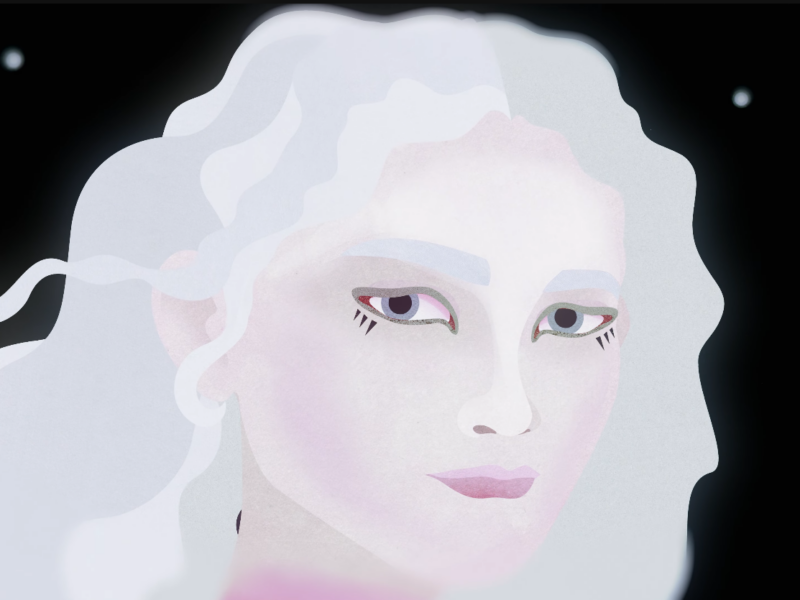 Artemis illustration, a ghostly white face with white flowing hair against a black starscape, as pictured by creative director Afroditi Bitzouni.