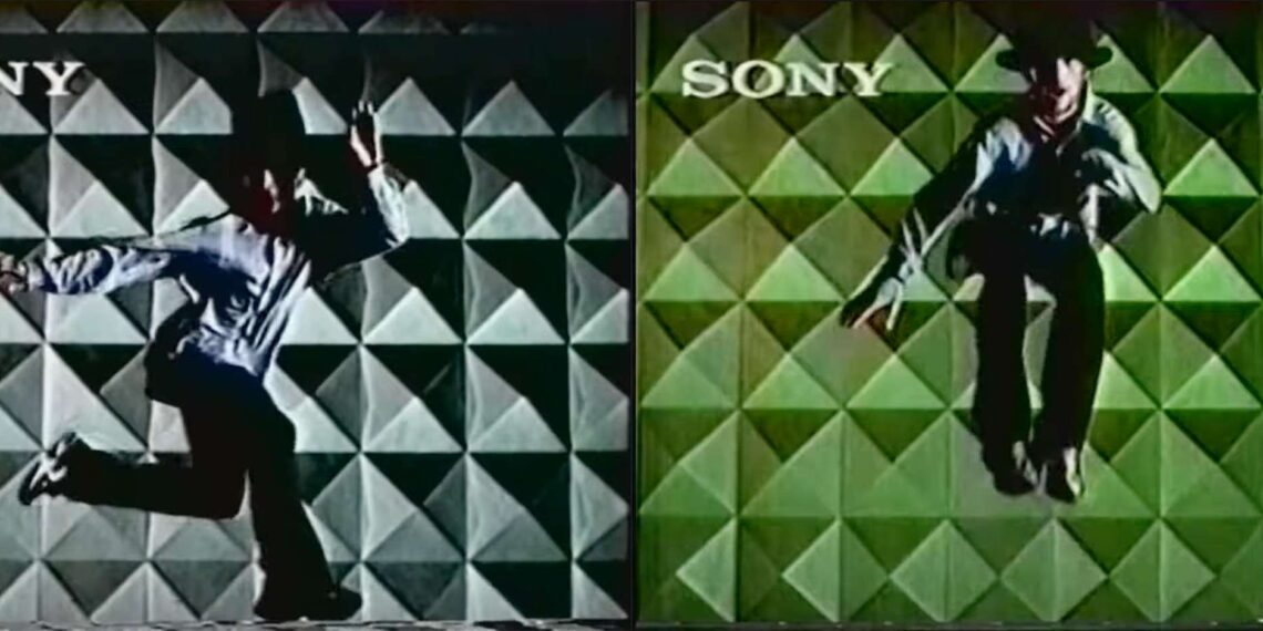 Two stills of Jamiroquai frontman Jay Kay leaping in front of checkered green and gray background, in his signature hat, a Sony logo in the upper left-hand corner.