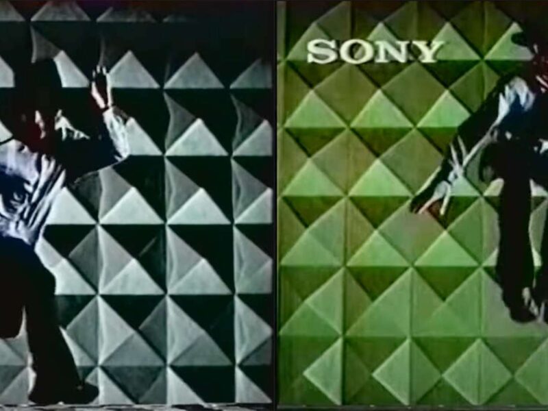 Two stills of Jamiroquai frontman Jay Kay leaping in front of checkered green and gray background, in his signature hat, a Sony logo in the upper left-hand corner.
