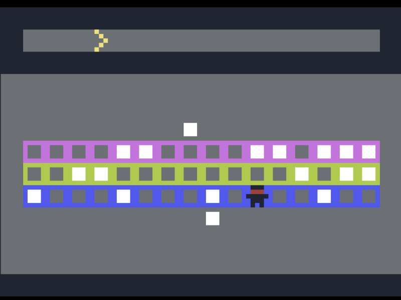 A drum machine as a stick figure navigating a colored, pixellated grid with three rows.